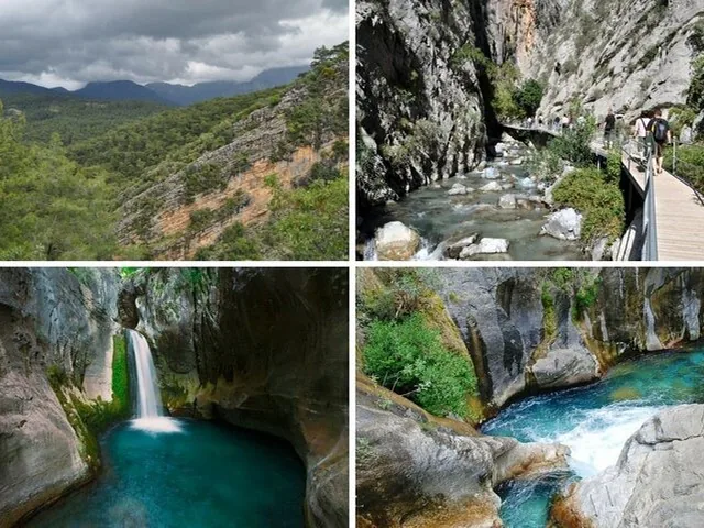 Collage of four images showing mountains, a canyon walkway, and waterfalls.