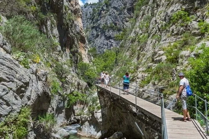 Turisti che camminano lungo una passerella in legno sospesa in un canyon profondo e roccioso con vegetazione.